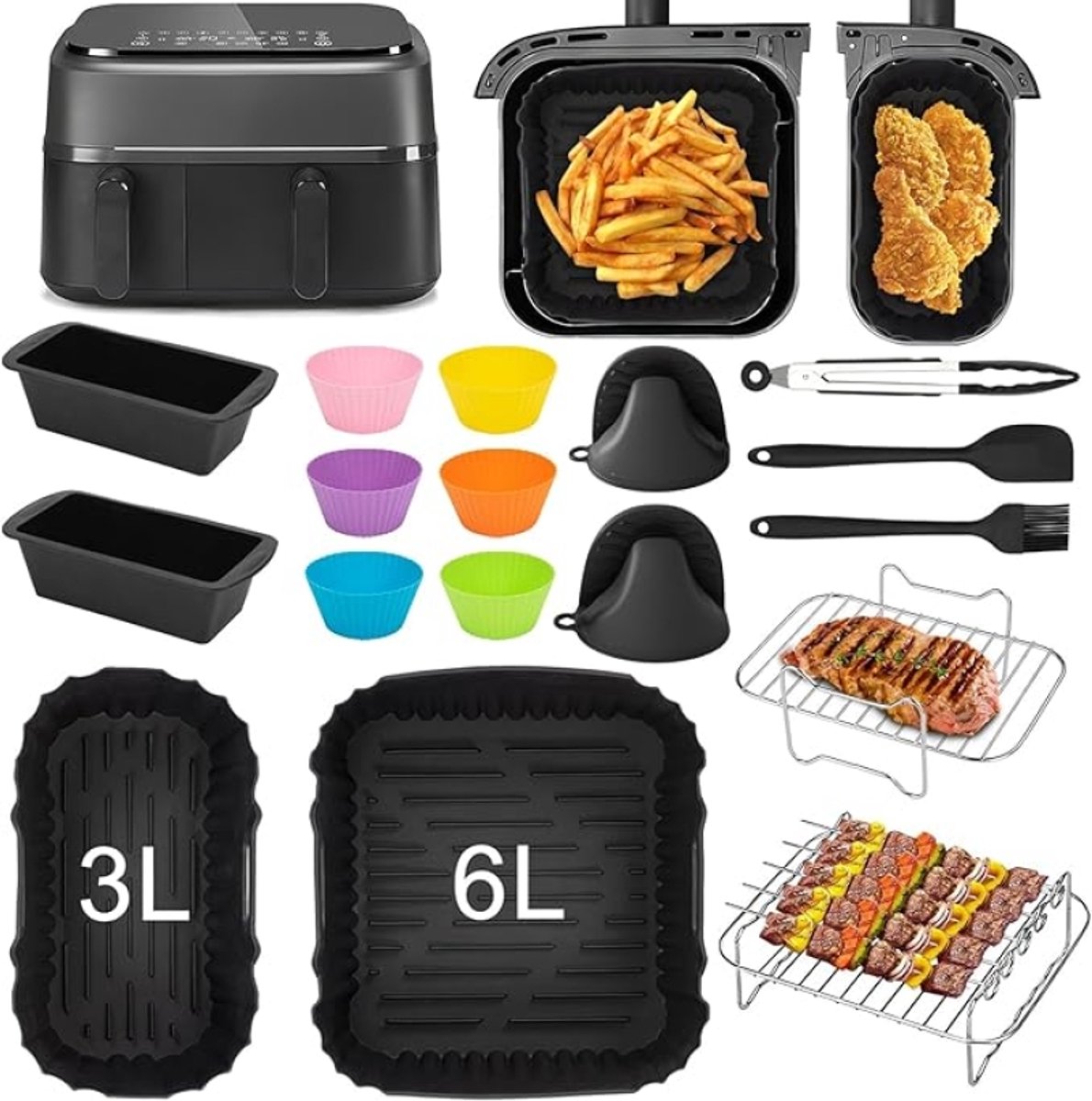 Philips Airfryer Accessoires Set voor Dual Basket 3000 Serie NA350/NA550 - Siliconen vorm, Grillrooster, Broodbakvorm, Keukentang