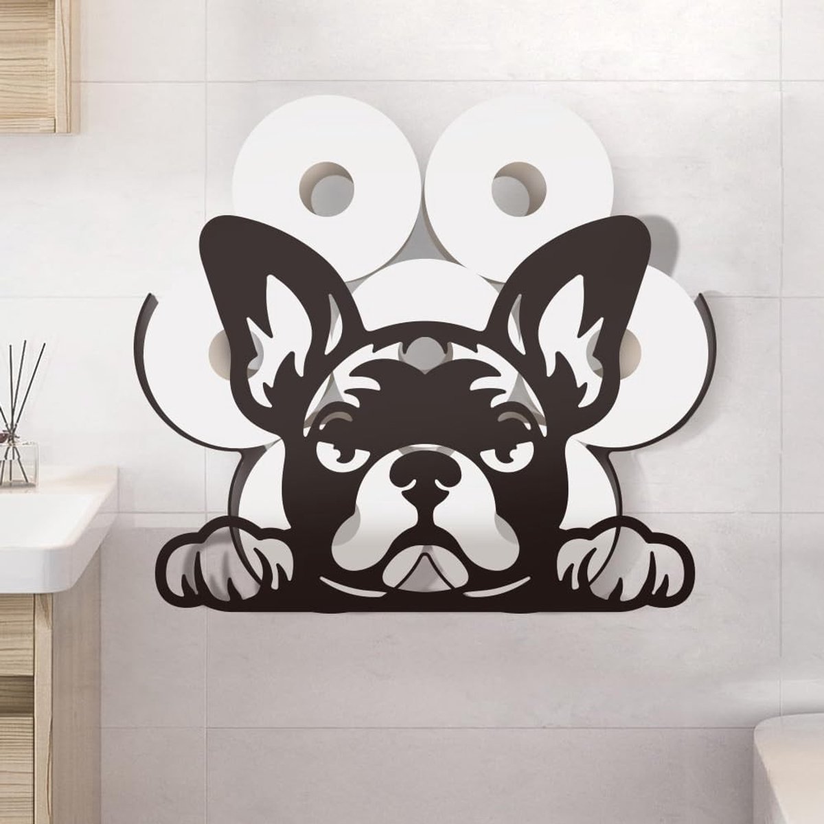 Grappige Bulldog Metalen Toiletpapierhouder, Vrijstaande Organizer voor 8 Rollen, Dieren Decoratie voor Badkamer en Opslagruimte