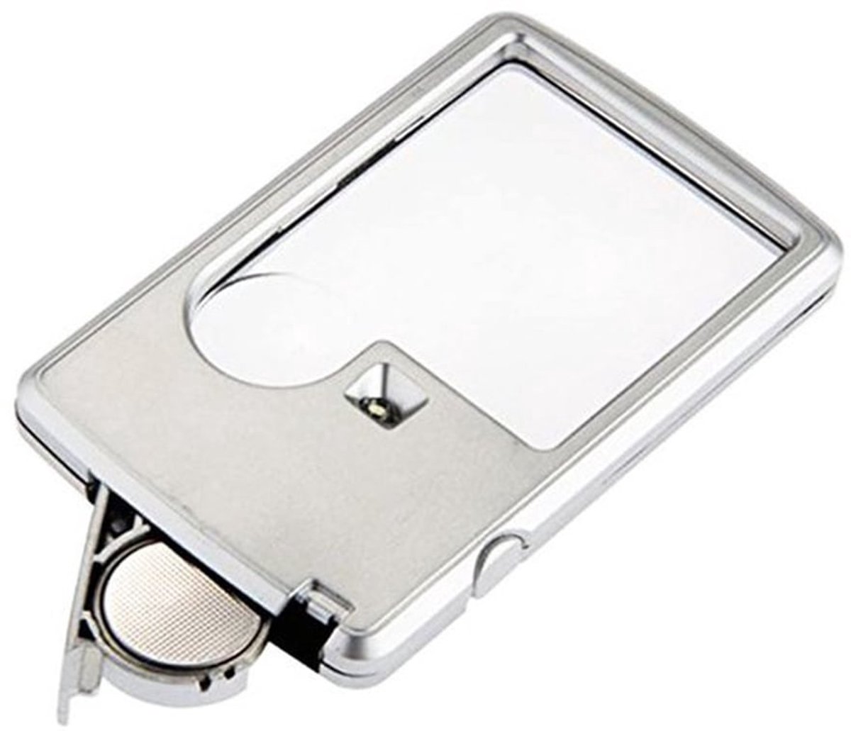 Vergrootglas - Draagbaar en Verlicht - Zilver - Mini-kaartstijl - Ideaal voor Postzegels en Kaarten - Met Lederen Etui