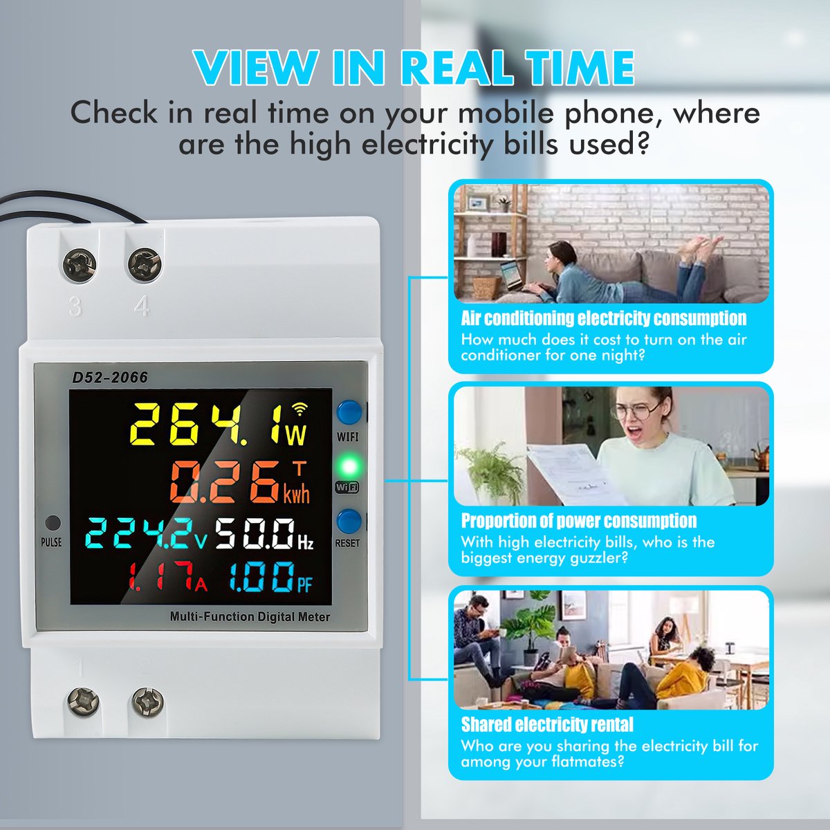 6-in-1 WiFi energiemeter - DIN-rail - 40-300 V AC / 100 A - Tuya - externe CT