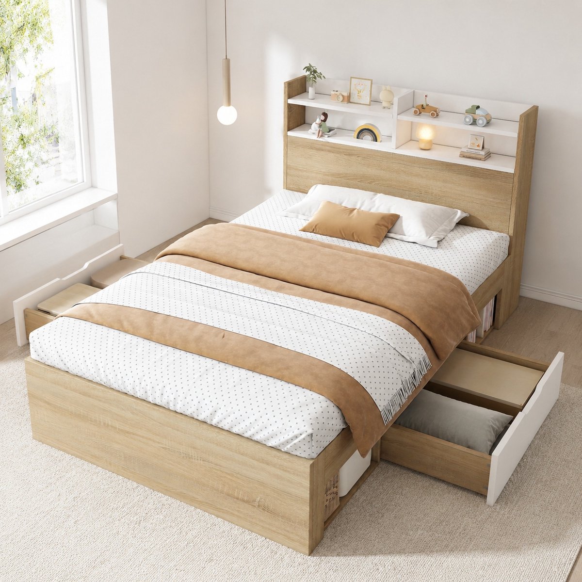 REDOM Eenpersoonsbed - Kopdeel met opbergrek - Schuifladen en open vakken - Lattenbodem - Hout - Wit en eiken - 224 x 94 x 90 cm Eikenhout, Wit