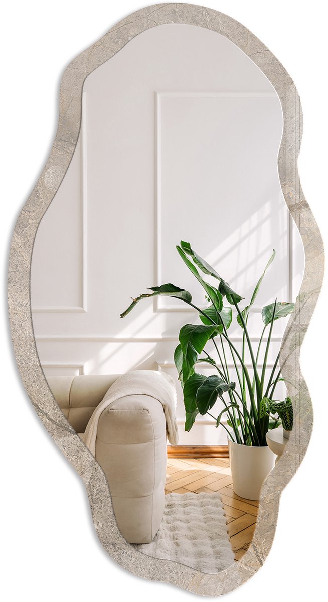 Coloray Natuurlijke Structuur Spiegel - Grijs Stijlvolle Wandspiegel - Organische Spiegel - Woonkamer, Kantoor, Slaapkamer - Rustiek - 45x90 cm - Totale afmeting 52x97 cm