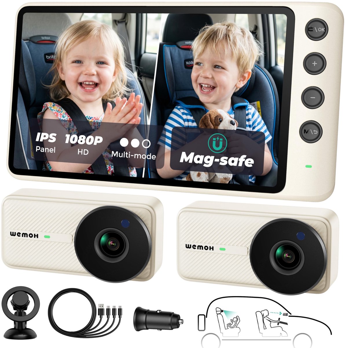 Solidchoice - Dual Baby Car Camera met Magnetische Houder en Nachtzicht