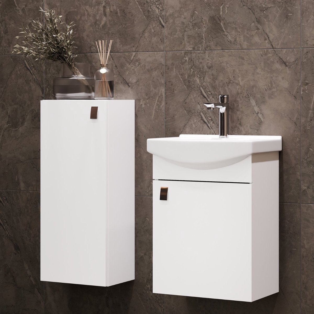 Planetmöbel Badkamermeubel Set 45 cm – Wit – Keramische Wastafel met Midikast 32 cm – Soft-Close – Ruimtebesparend