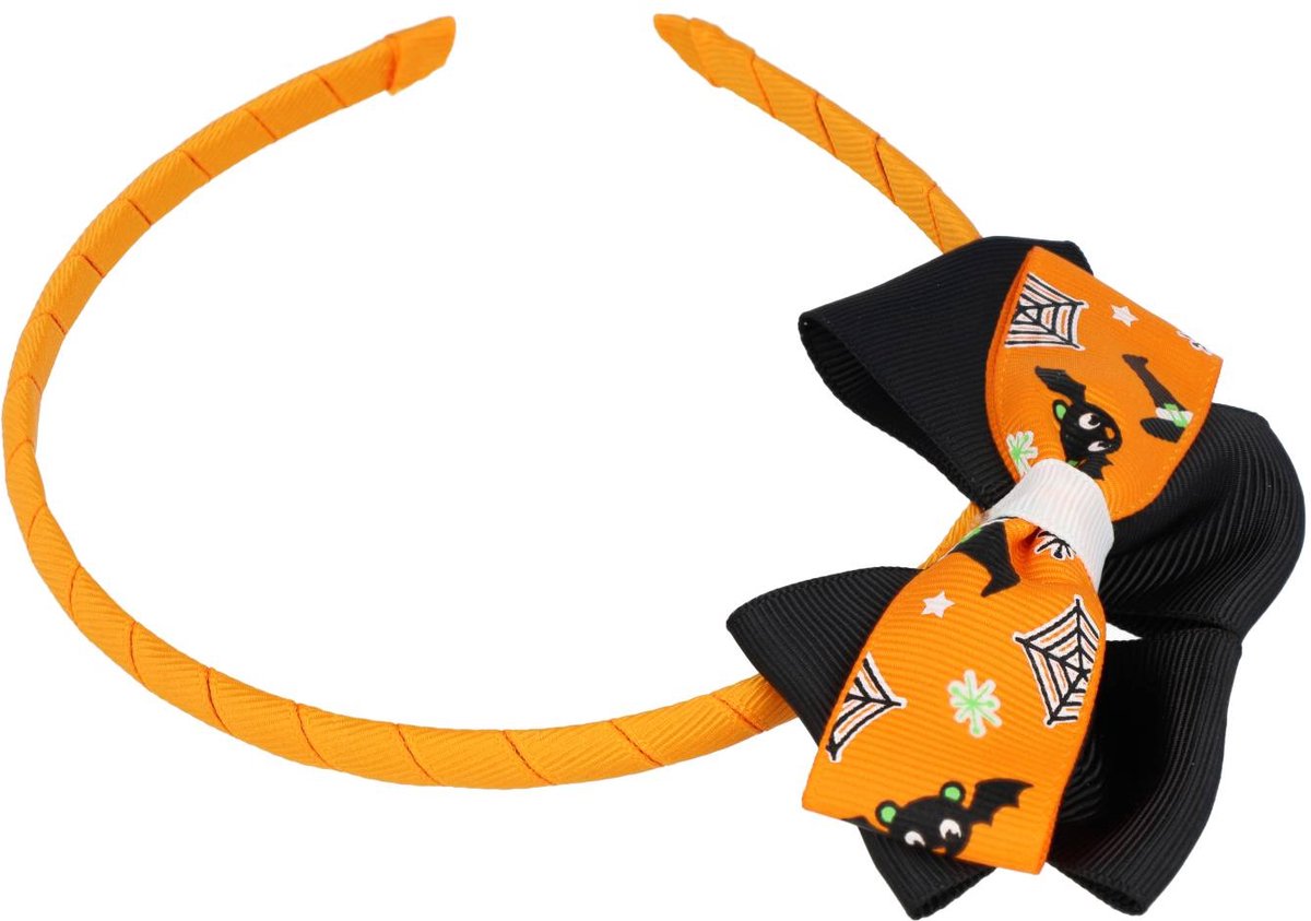 Haarsoires Haarband Kinderdiadeem – Halloween Griezelprint Strikje – Oranje Zwart