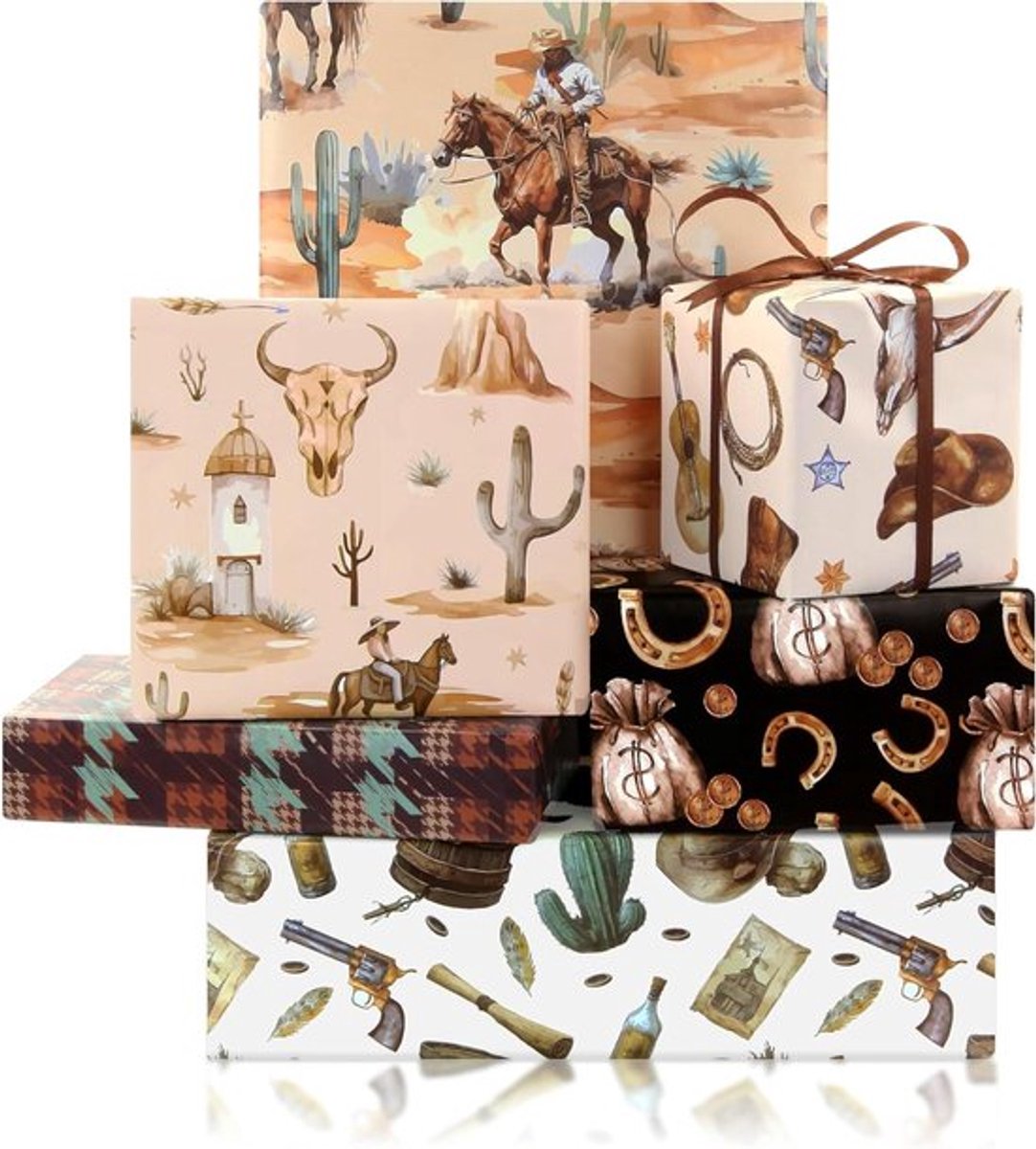 -Kwalitatief - Cadeaupapier - Western thema - 6 vellen - 50 x 70 cm - Wild westen - Woestijncactus - 1 rol bruin lint - Geschikt voor cadeauverpakking - Bruin en groen thema