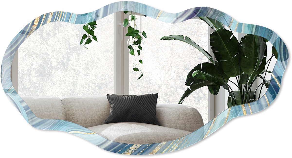 Wallfluent Zeegolven Spiegel - Turkoois Rechthoekige Spiegel Met Modern Design - Organische Spiegel - Slaapkamer, Woonkamer, Badkamer - Abstract - 45x90 cm - Totale afmeting 52x97 cm