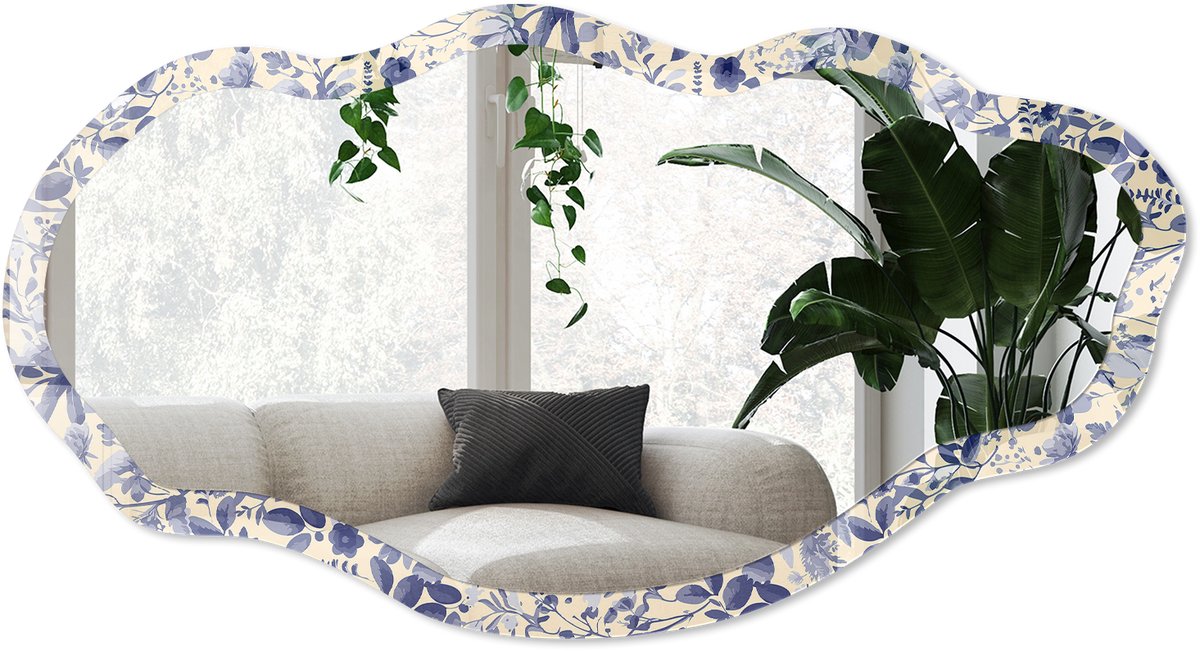 Wallfluent Bloemenmotief Spiegel - Blauw Elegante Rechthoekige Wandspiegel - Organische Spiegel - Slaapkamer, Woonkamer, Kantoor - Aquarel - 45x90 cm - Totale afmeting 52x97 cm
