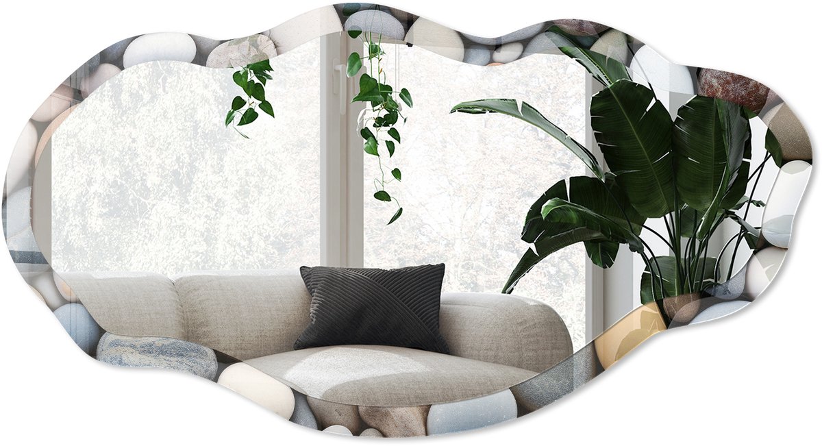 Wallfluent Steenpatronen Spiegel - Grijs Moderne Rechthoekige Wandspiegel - Organische Spiegel - Badkamer, Slaapkamer, Hal - Minimalistisch - 45x90 cm - Totale afmeting 52x97 cm