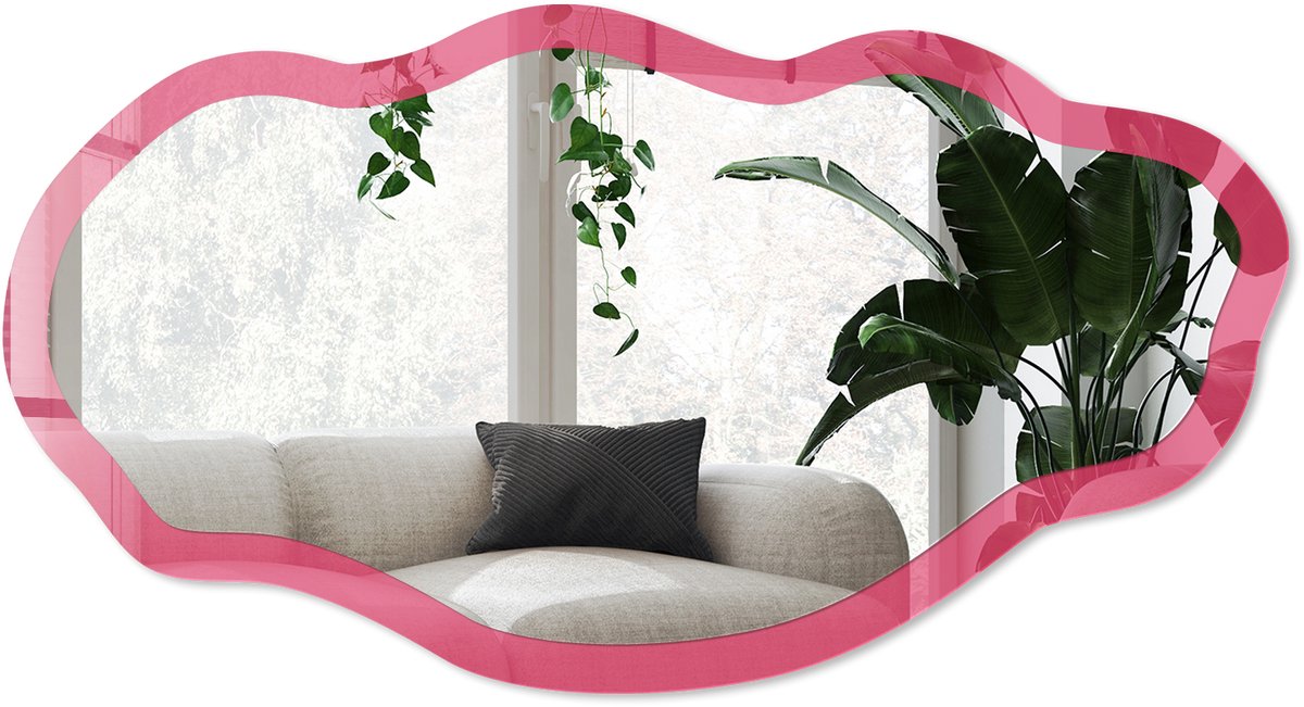 Wallfluent Energie Roze Spiegel - Roze Stijlvolle Wandspiegel - Organische Spiegel - Woonkamer, Kantoor, Slaapkamer - Minimalistisch - 45x90 cm - Totale afmeting 52x97 cm