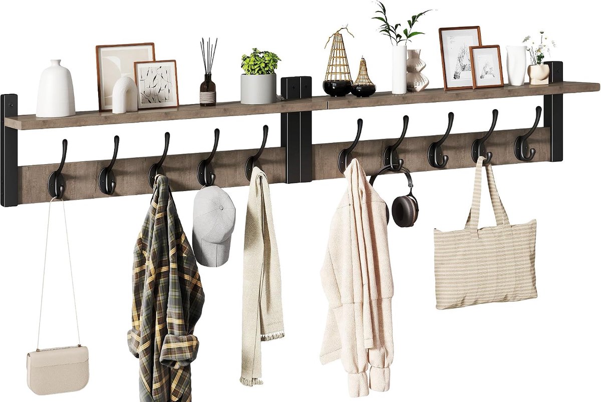 Home & Beyond® Wandkapstok met Plank - Kapstok met Hoedenplank - Wandgarderobe voor Hal - Zilvergrijs - 120x11x19.5 cm