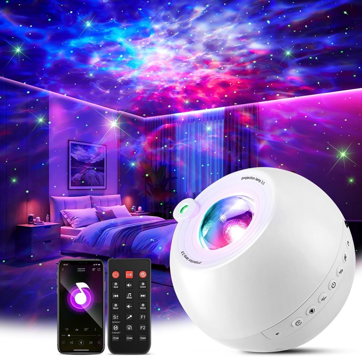 Zoutlamp - Wit - Sterrenhemelprojector met 15 Kleuren en 15 Slaapmuziek - Nachtlampje met Bluetooth en Afstandsbediening - Voor Kinderen en Vrouwen