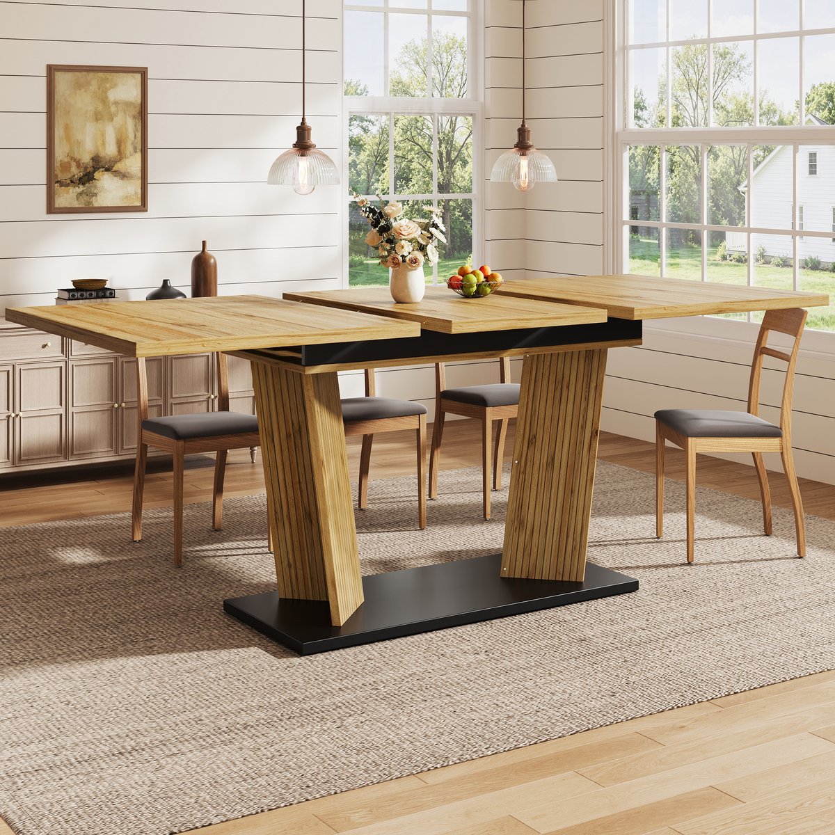 STILVORA Eettafel - Uitschuifbaar Met Stabiele Dubbele Kolompoot - Voor Eetkamer En Kleine Ruimtes - MDF En Metaal - 120-160x80x76 Cm - Eikenkleur