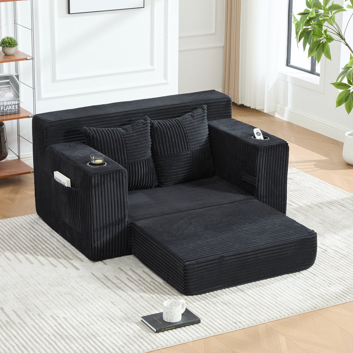 MIVRAY Slaapbank 2-Zits 151 X 133 X 64 Cm - Met Slaapfunctie, Opbergvakken, 2 Kussens En Bekerhouder - Voor Woonkamer - Corduroy Zwart
