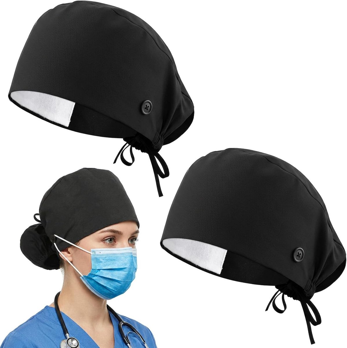 Verstelbare werkcap met knopen voor vrouwen, zwarte elastische kookmuts, unisex scrubcaps en zweetband, ideaal voor kappers en koks