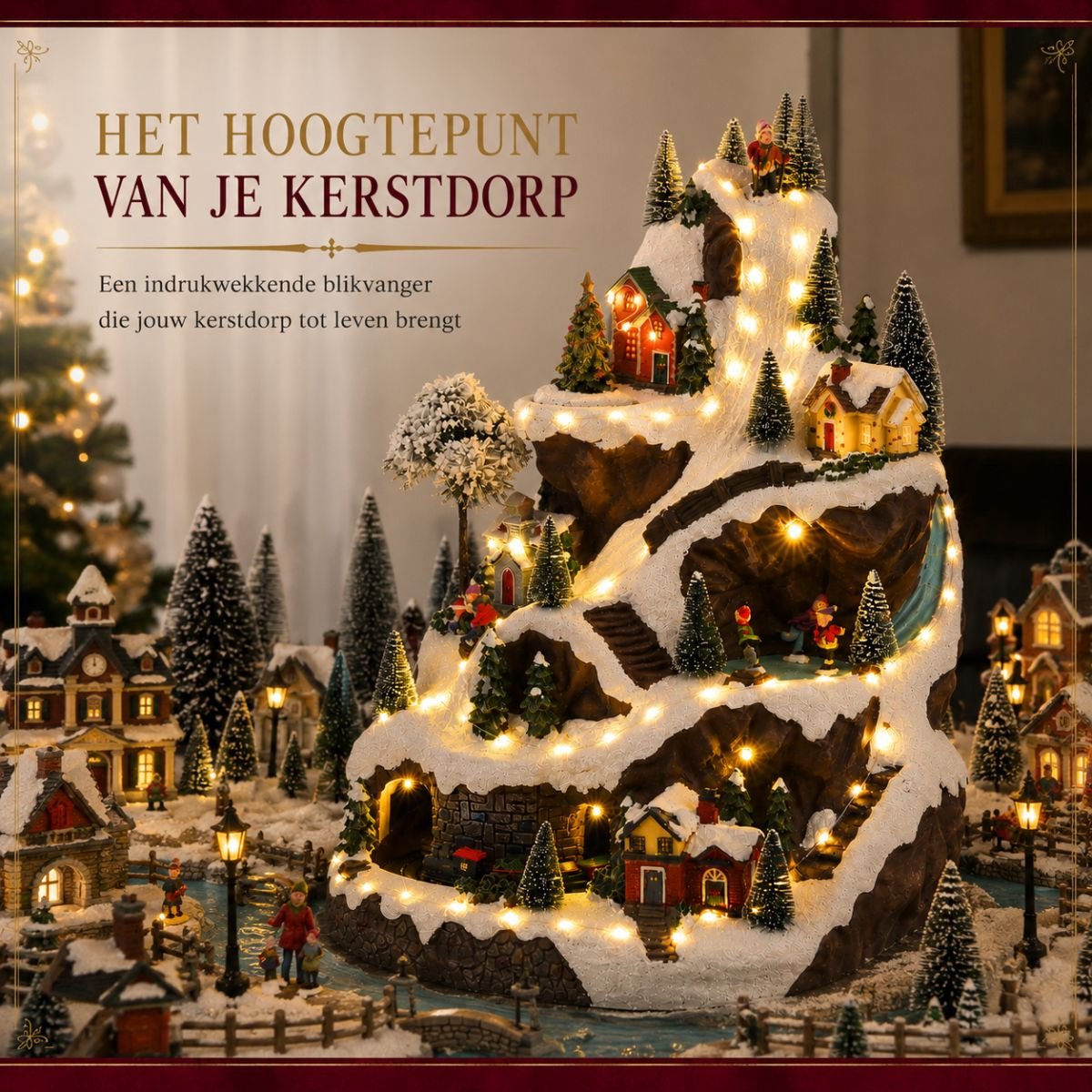 Luville Kerstdorp Miniatuur Skipiste - Kerstversiering met Ronddraaiende Kerstboom en Rijdend Treintje - Kerst Decoratie met Verlichte Huisjes - Inclusief Adapter - L33 x B31 x H46 cm - Meerkleurig – foto 8