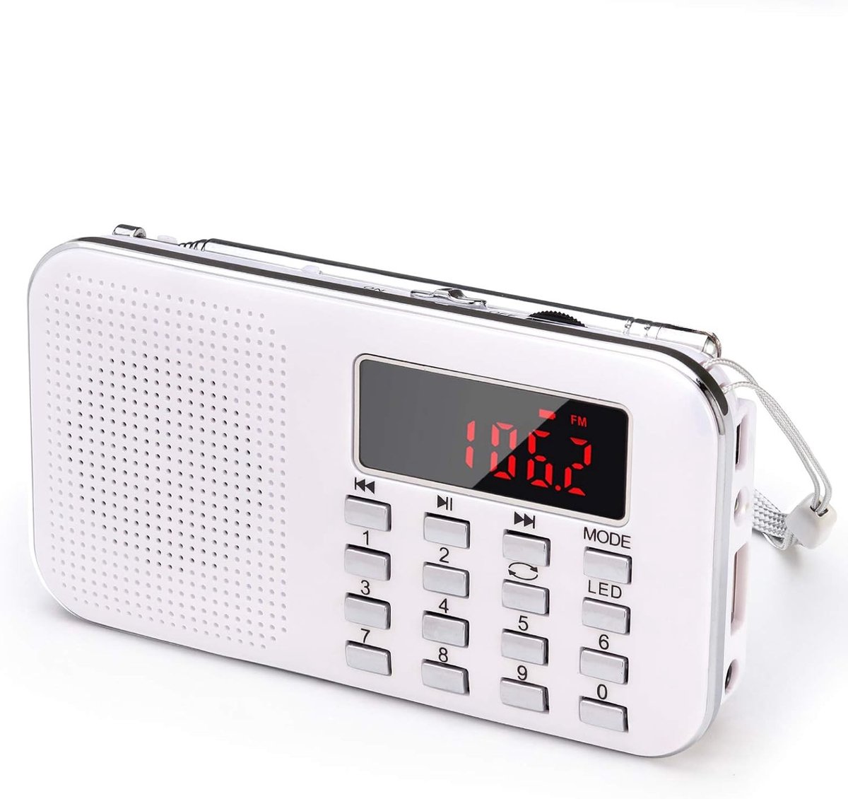 Draagbare Radio - Wit - 20 x 11.7 x 6.4 cm - Oplaadbare Batterij met Noodlamp - Voor Muziekliefhebbers