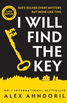 Boekomslag met de titel 'I WILL FIND THE KEY' in grote witte letters op een zwarte achtergrond. Een gele sleutel en een gele boomgrens met huizen zijn prominent aanwezig.