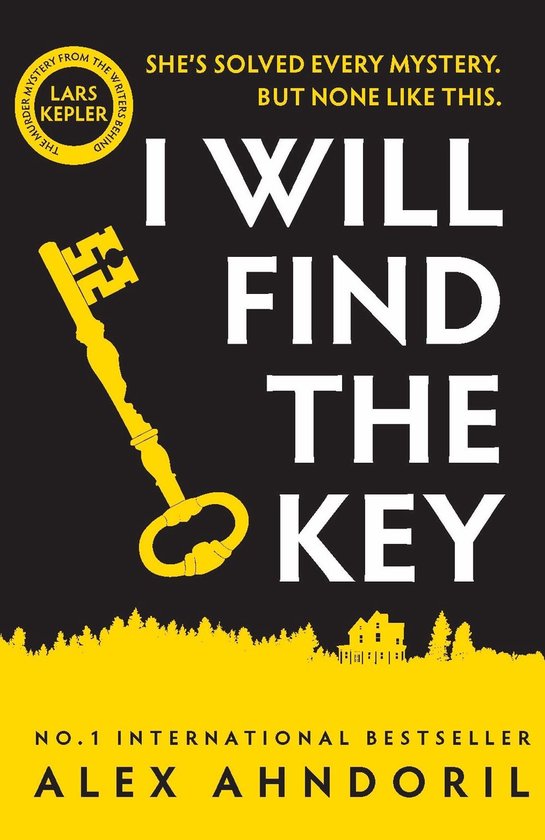 Boekomslag met de titel 'I WILL FIND THE KEY' in grote witte letters op een zwarte achtergrond. Een gele sleutel en een gele boomgrens met huizen zijn prominent aanwezig.