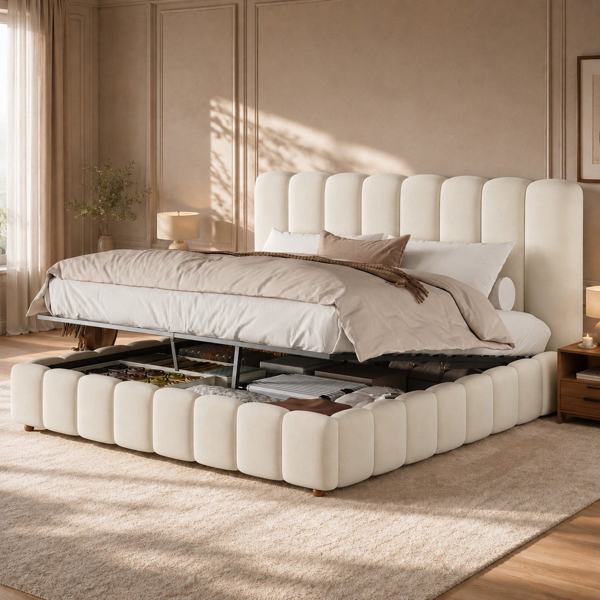 PHOEBE CAT Tweepersoonsbed - 160 × 200 cm - Gestoffeerd hoofdeinde - Opbergruimte - Fluweel - Beige