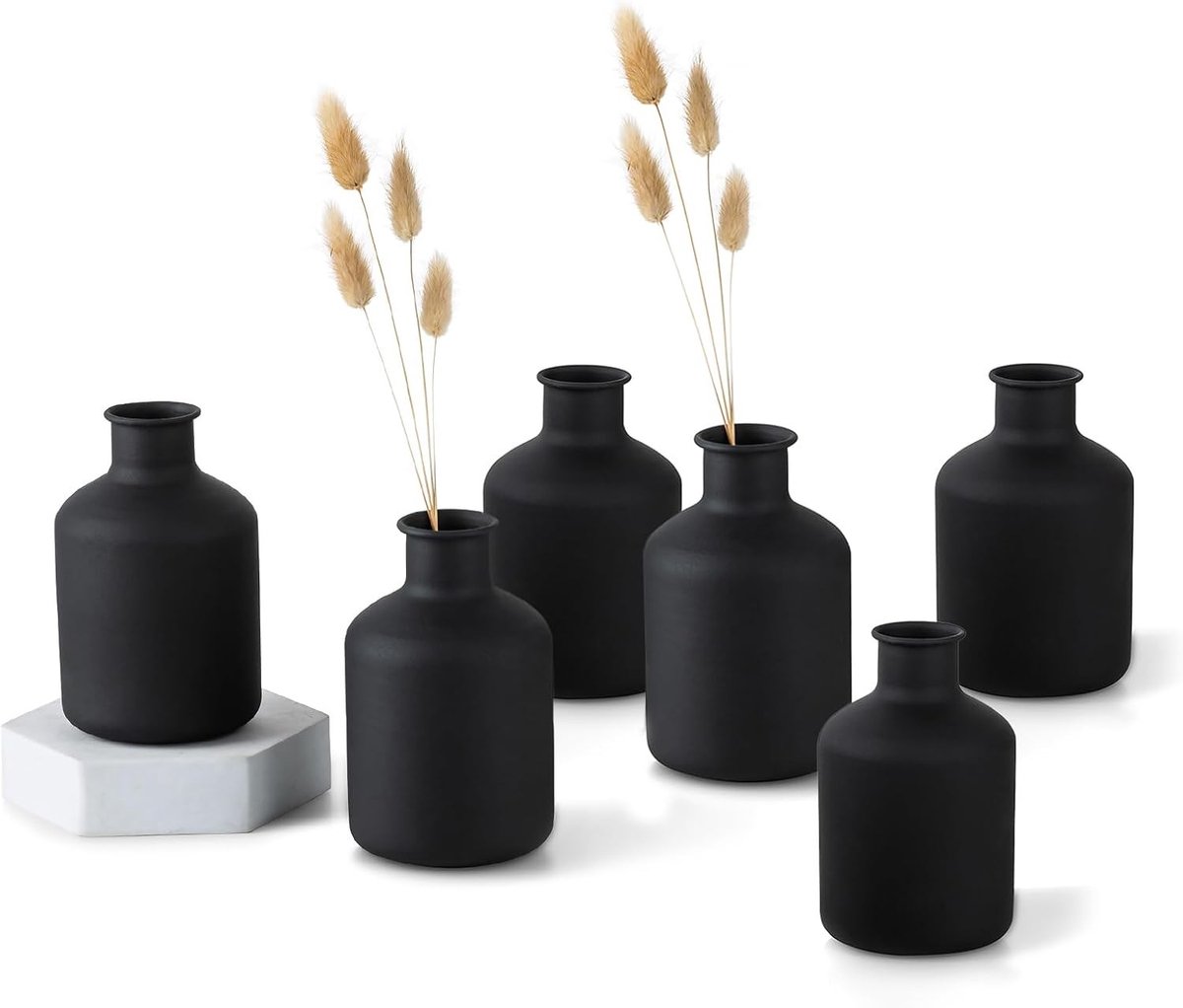 Set van 6 Mini Zwarte Metalen Vazen voor Droogbloemen - Moderne Decoratieve Cilinder Vazen voor Woonkamer, Eettafel en Slaapkamer