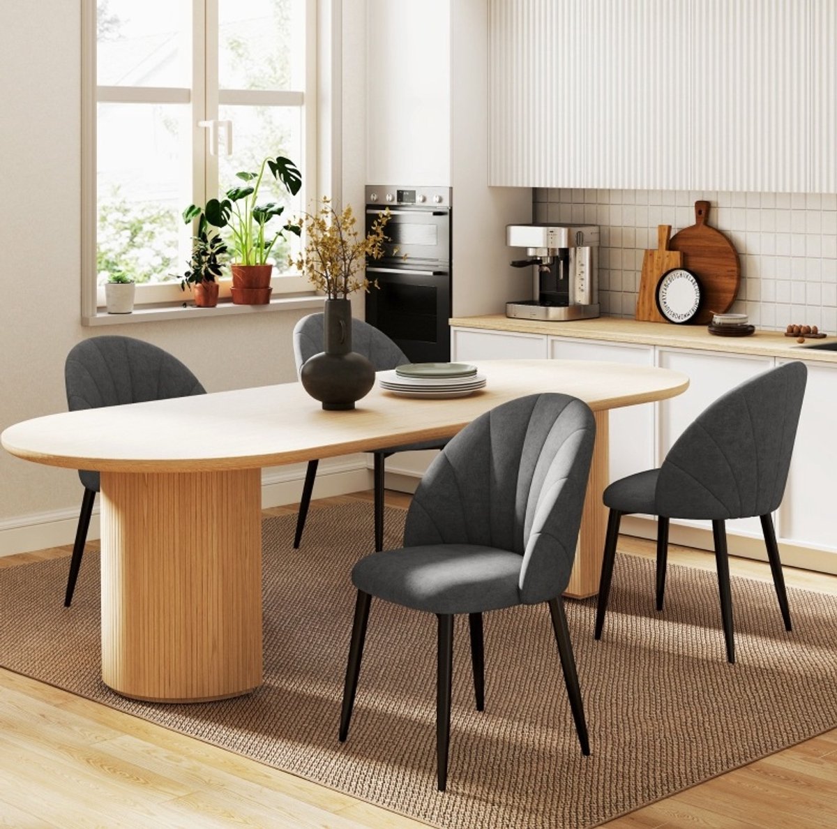 OKWISH Eetkamerstoel Set Van 4 – Moderne Fluweellook Eetkamer En Keukenstoel Met Zachte Bekleding, Stalen Poten En Armlos Design – Donkergrijs