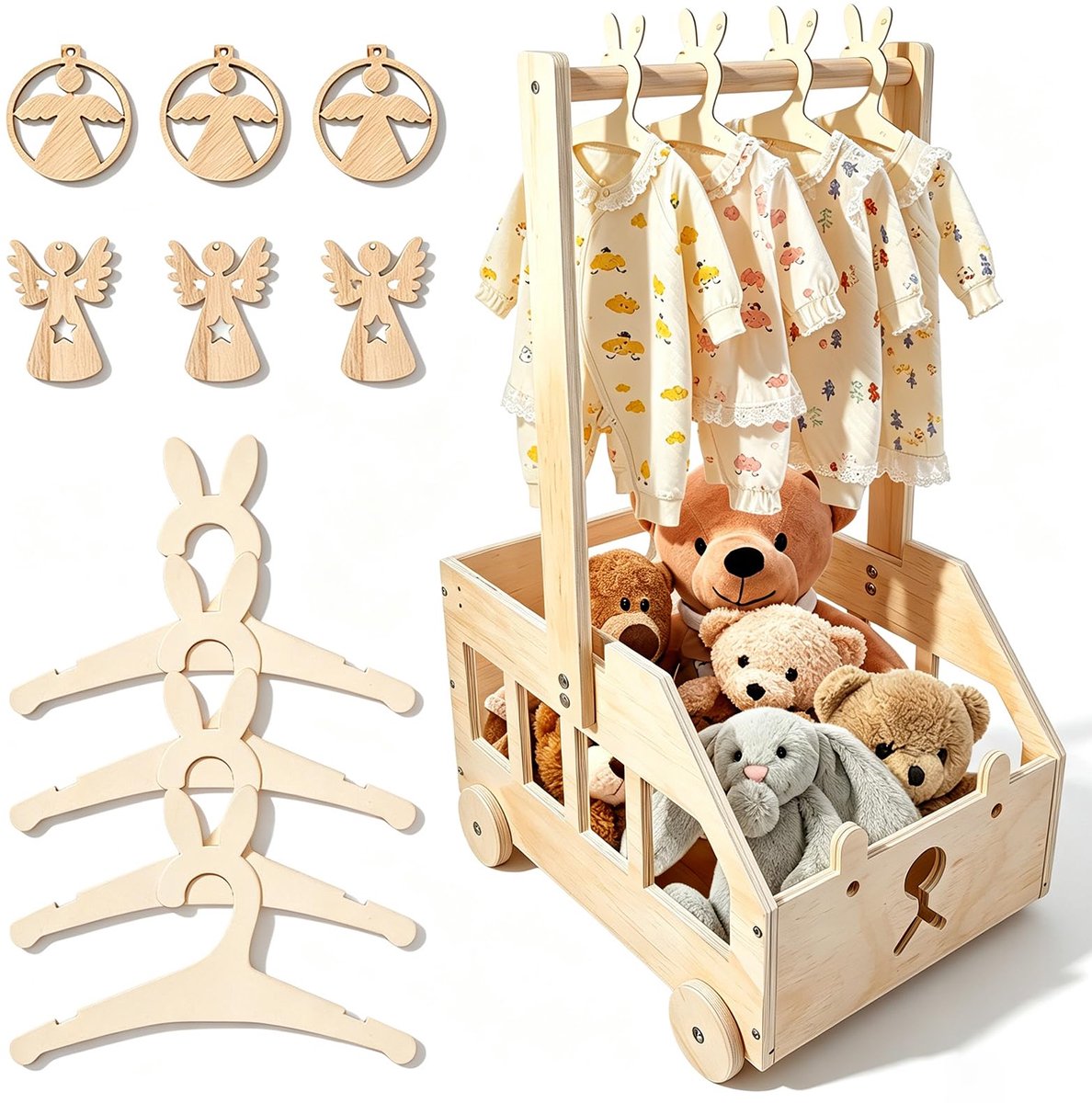 Babyfeestcadeau met handvat, 35 x 25 x 56 cm, opbergmand voor baby's, met 4 kleerhangers voor kinderen en 6 engeltags - ShopVlot