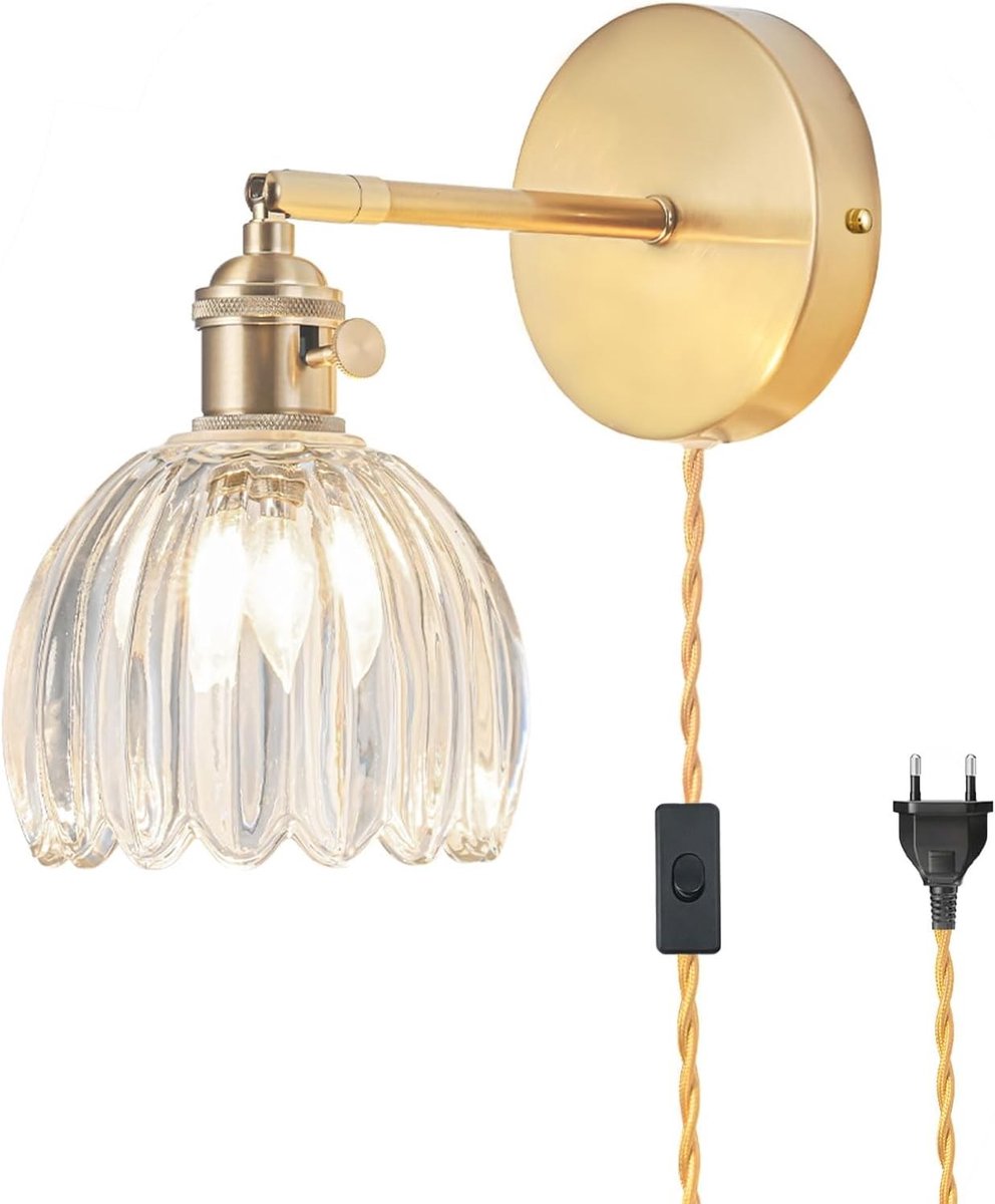 Insteekbare Wandlamp - Transparant - Met Stekker - Vintage Wandlamp met Tulpvormige Glazen Lampkap - Voor Slaapkamer