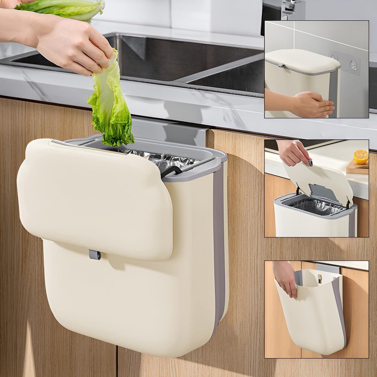 Opvouwbare Vuilnisemmer - Crème - 10 Liter - Inklapbare Afvalemmer voor Wandmontage - Voor Keuken en Camper