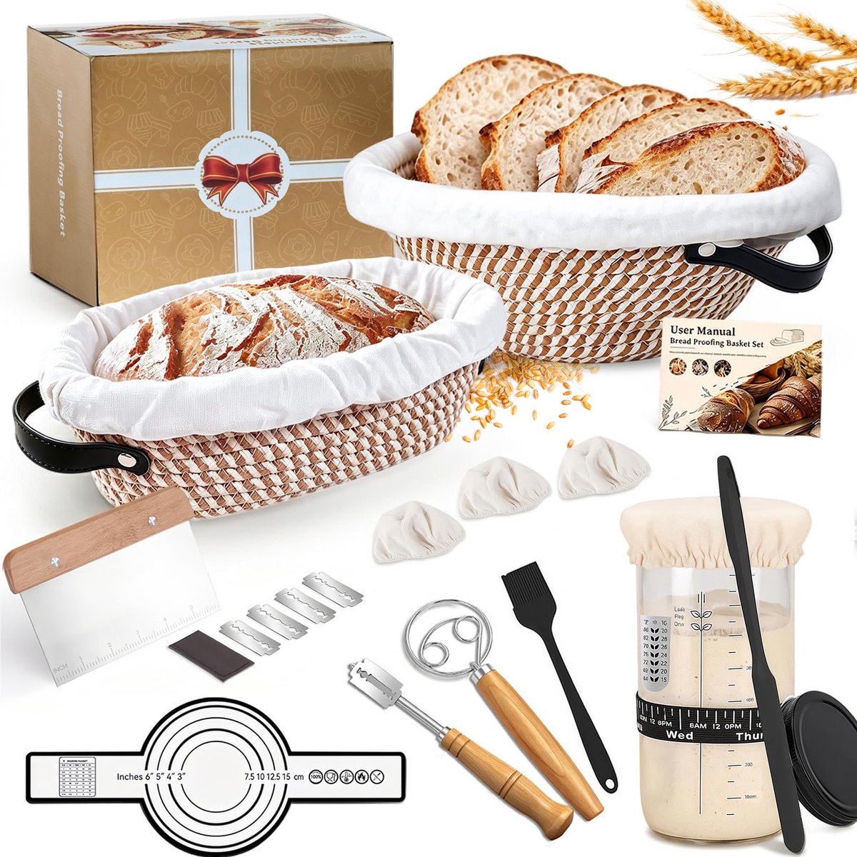 Famanu – 21-delige zuurdesem starterset met katoenen touw, ronde en ovale Gärkorb manden, broodmand set voor het bakken van brood met 650 ml zuurdesemglas en afdekhoezen, ideaal cadeau voor bakkers en liefhebbers van volkorenbrood