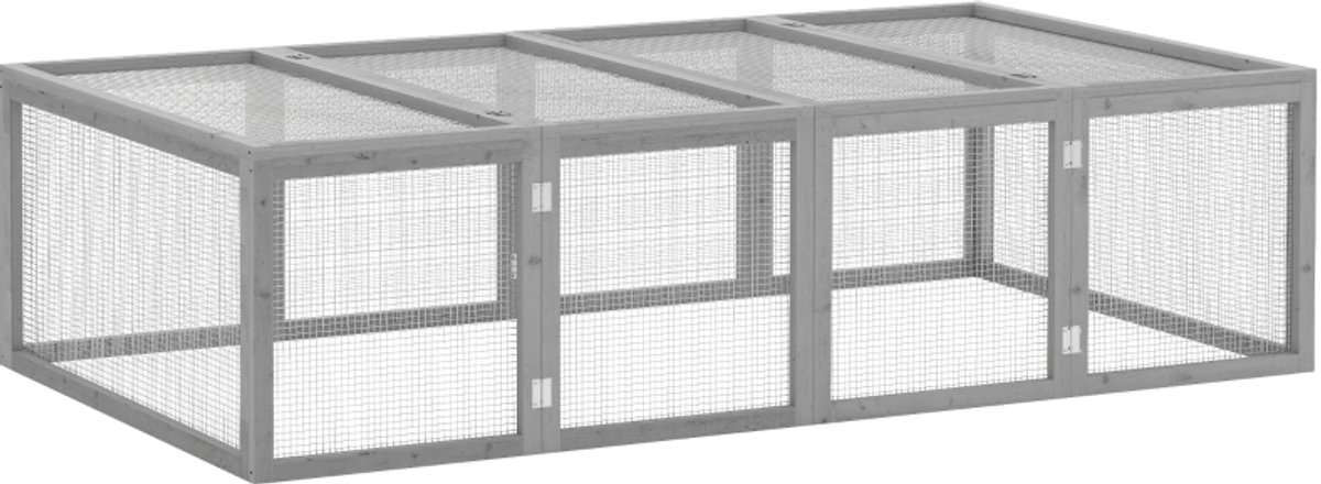 REDOM - Kleintierstall / Kleintiergehege - Robuust metalen gaas - Twee opklapbare deksels - Voor buitengebruik - Hout - Grijs - 181 x 100 x 48 cm thumbnail 3