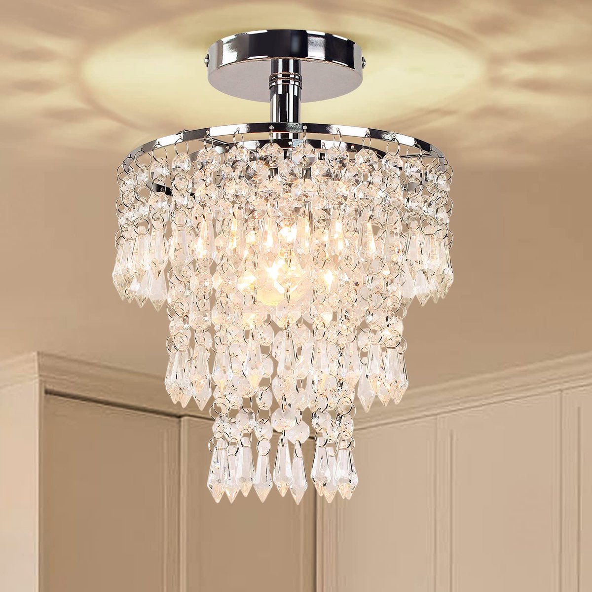 Grehge handelier Chrome Crystal Pendant Light Flush Mount Ceiling Light Chandelier Adjustable Length Crystal - ShopVlot