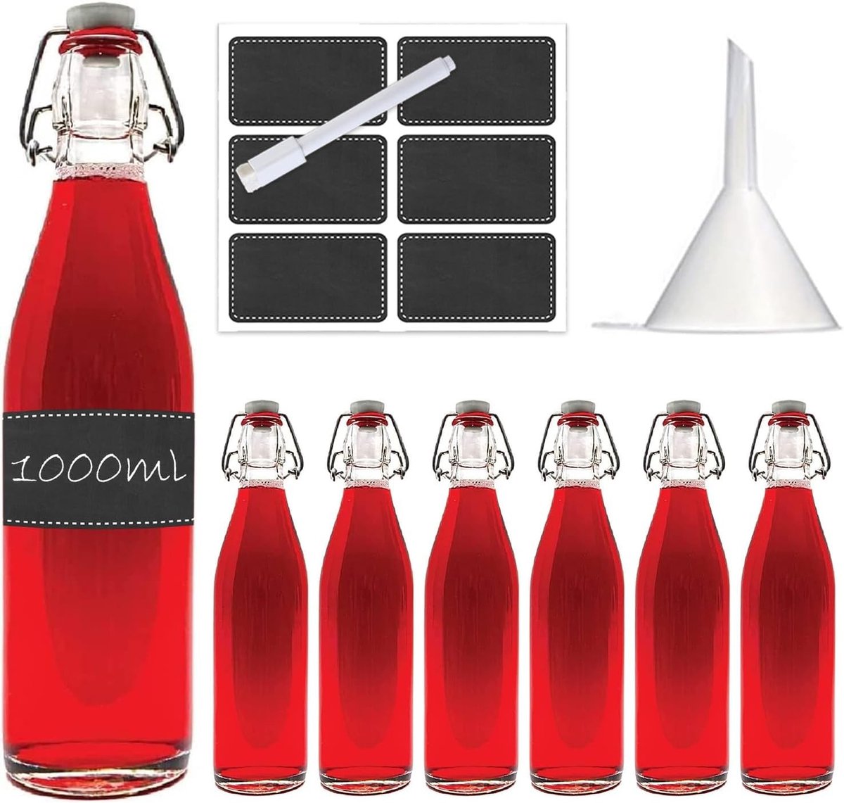 Lege Glazen Fles met Beugelsluiting - Transparant - 1000 ml - Herbruikbare Flip Top Stop - Voor Zelf Brouwen van Dranken