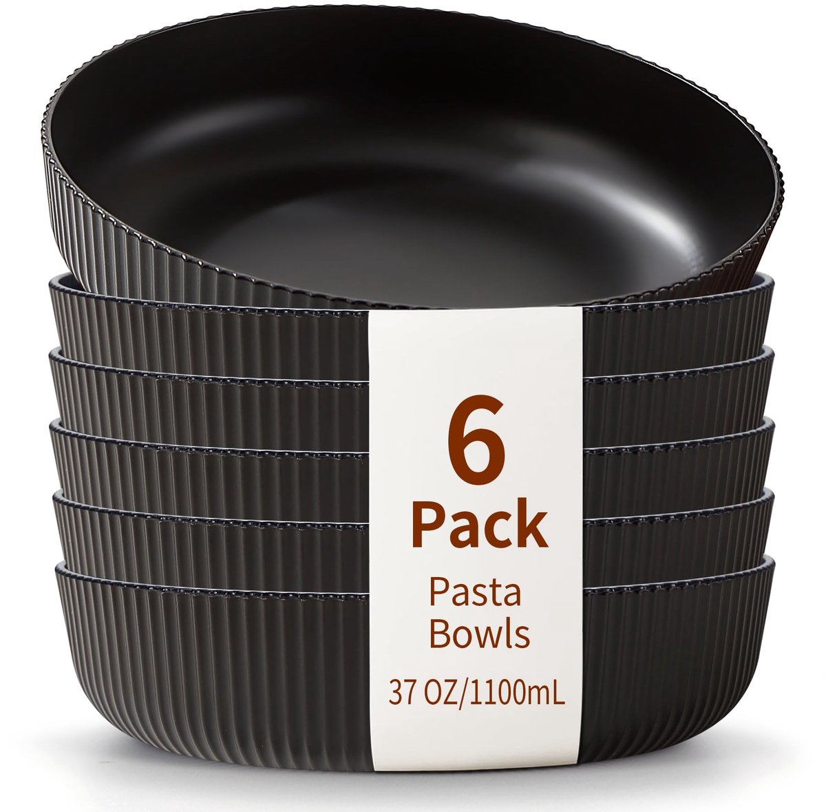 Famanu – Set van 6 onbreekbare pasta- en soepkommen, 37 oz, zwarte diner- en eetgerei set, vaatwasserbestendig