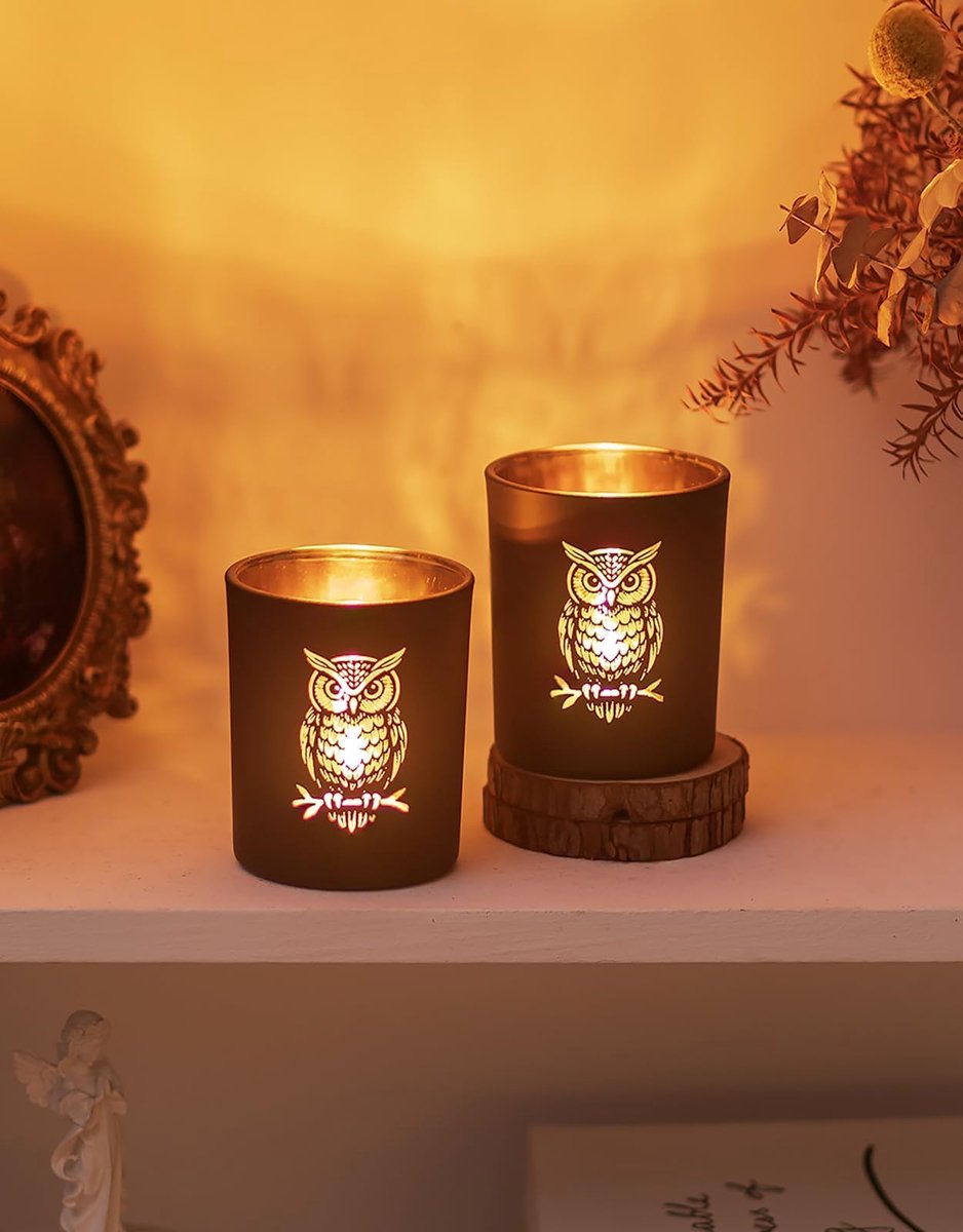 Famanu Set van 2 zwarte en gouden uilen theelichthouders, luxe windlichten van glas voor een elegante tafeldecoratie