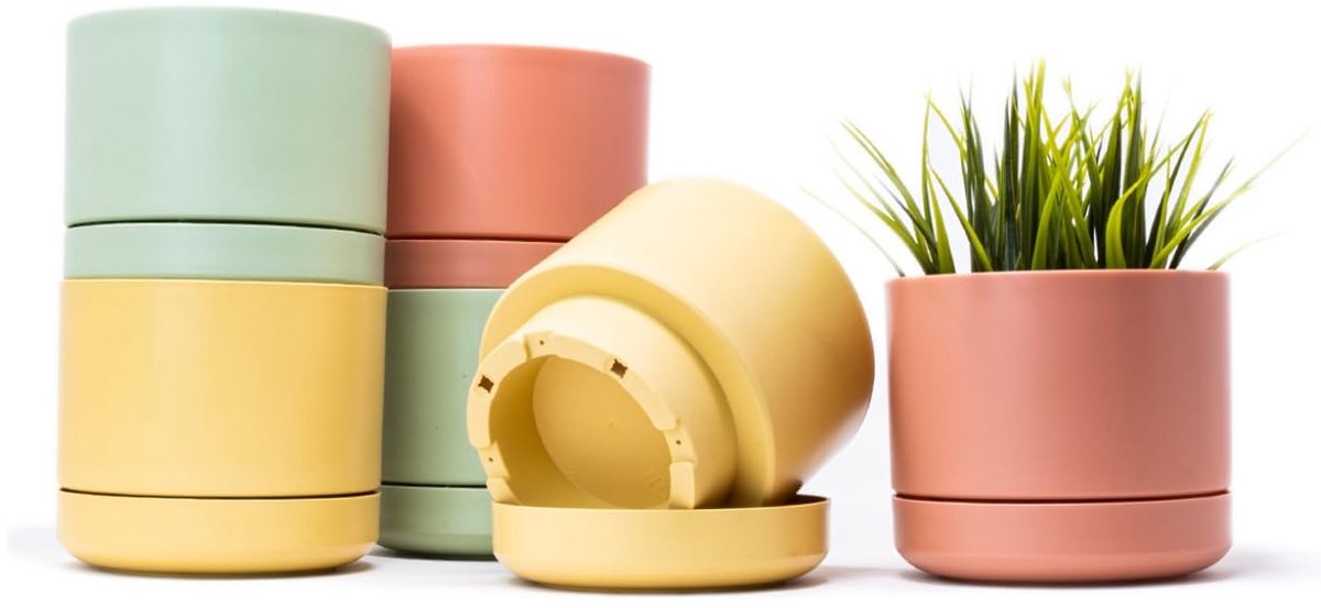 Famanu – Bloempot set van 6 stuks voor binnen en buiten, plantenpot 12 cm met schotel, sterk kunststof, moderne uitstraling in pastelkleuren