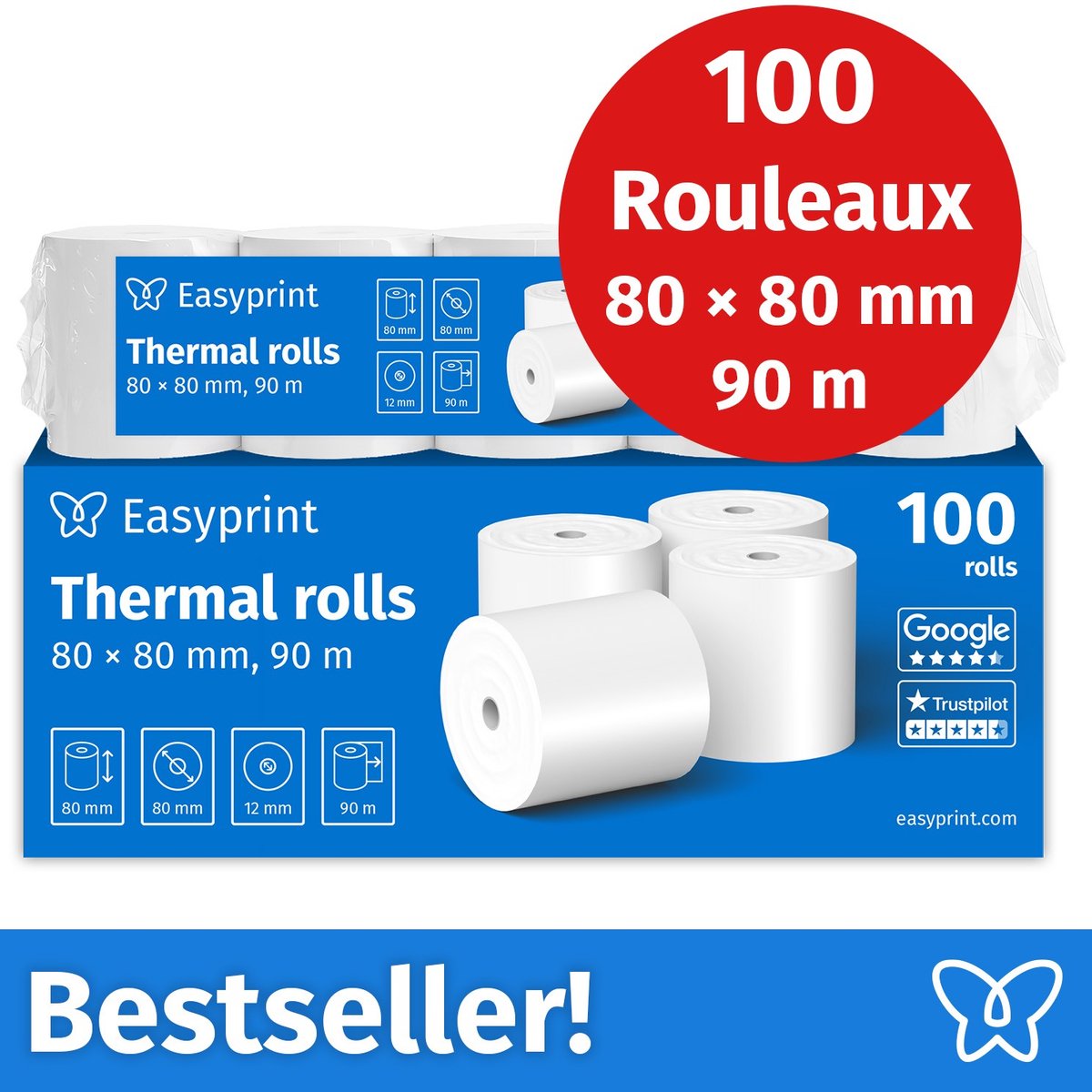 NIEUW: Easyprint Thermische Rollen / Kassarollen, 100 Rollen, 80mm x 80mm x 12mm, 90m, Testwinnaar, PEFC-gecertificeerd, voor EPSON, IBM e.a.