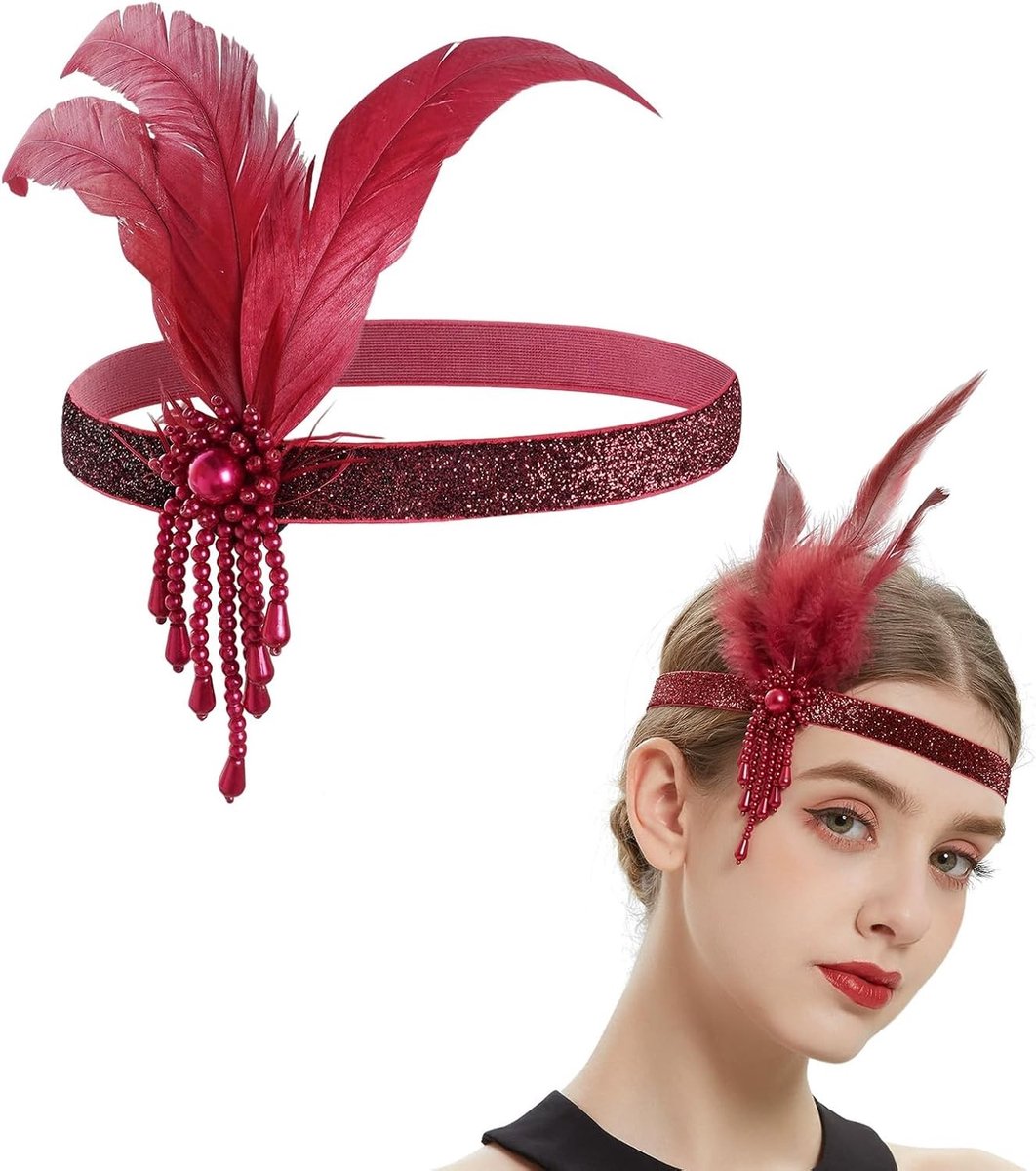 Feather Hoofdband met Strass voor Dames - Vintage Flapper Accessoire voor Feestjes, Bruiloften en Gatsby Kostuums (Rood, One Size)