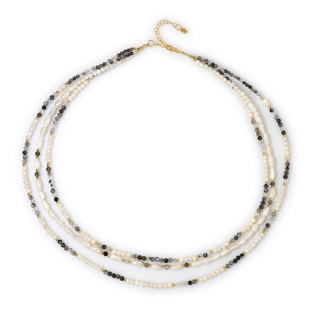 Cavill - Zilveren Halsketting Verguld - 925 Sterling Zilver - 34,77 ct Zwarte Rutielkwarts & Zoetwaterparels - Elegante Braziliaanse Damesketting