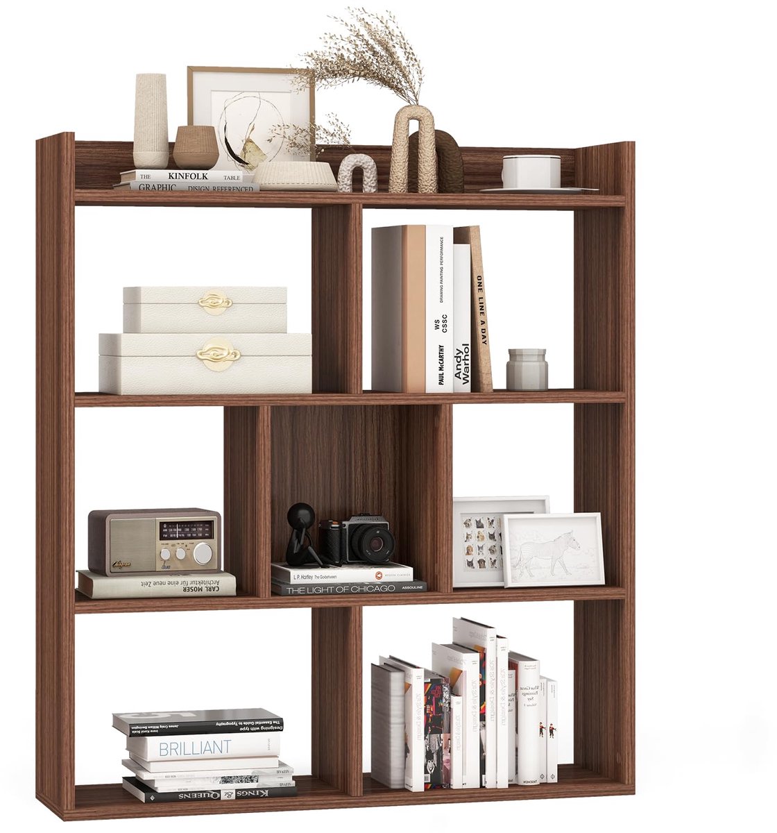 Famanu – Boekenkast met 7 vakken, staand rek, opbergrek voor woonkamer, slaapkamer of kantoor, 80 x 20 x 90 cm, walnoot