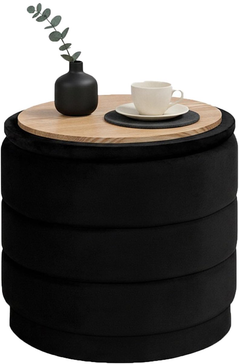 Famanu – Ronde poef met deksel, inklapbare voetensteun met tafel voor woonkamer, slaapkamer en hal, fluweel, zwart, 39 x 39 x 37 cm