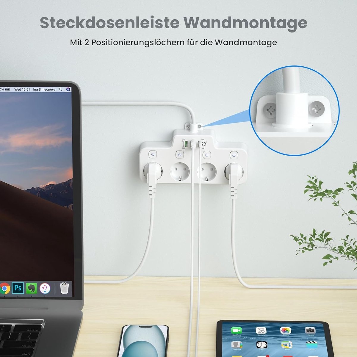Platte Stekkerdoos - Wit - 2 m - Meervoudige Stekker met USB-C en Schakelaar - Voor Keuken en Woonkamer