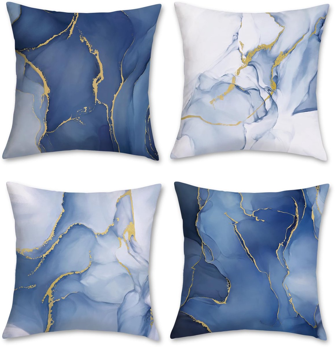 Famanu Kussensloop met marmerdesign in blauw en goud, 45 x 45 cm, fluweel, decoratief voor bank en slaapkamer