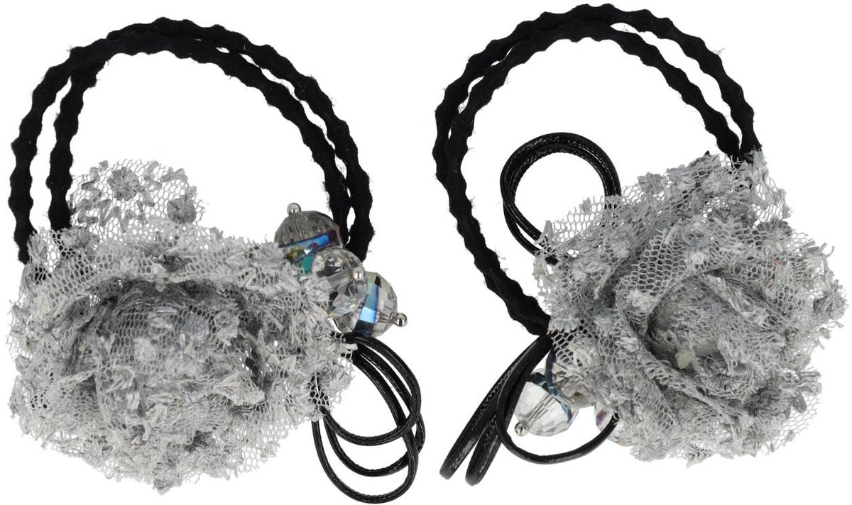 Haarsoires Haarelastieken – Bloem 4cm – Kanten Stof - Facetkralen – Grijs – Set van 2
