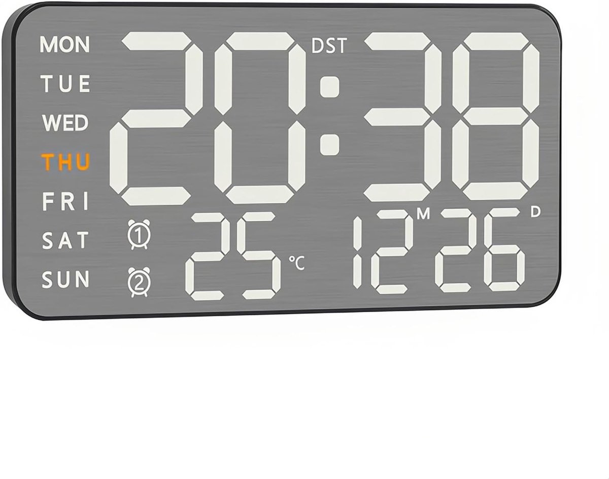Digitale LED-wandklok - Zwart - Geborsteld Metaal - Met Temperatuur- en Datumweergave - Voor Woonkamer