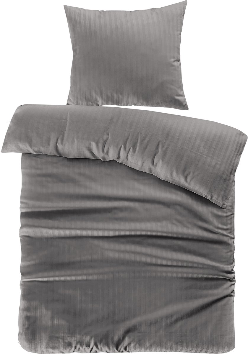 Padiro dekbedovertrek 200 x 200 cm - grijs - klassiek satijnstreep design - ton-sur-ton - katoensatijn - met 2 kussenslopen 50 x 75 cm