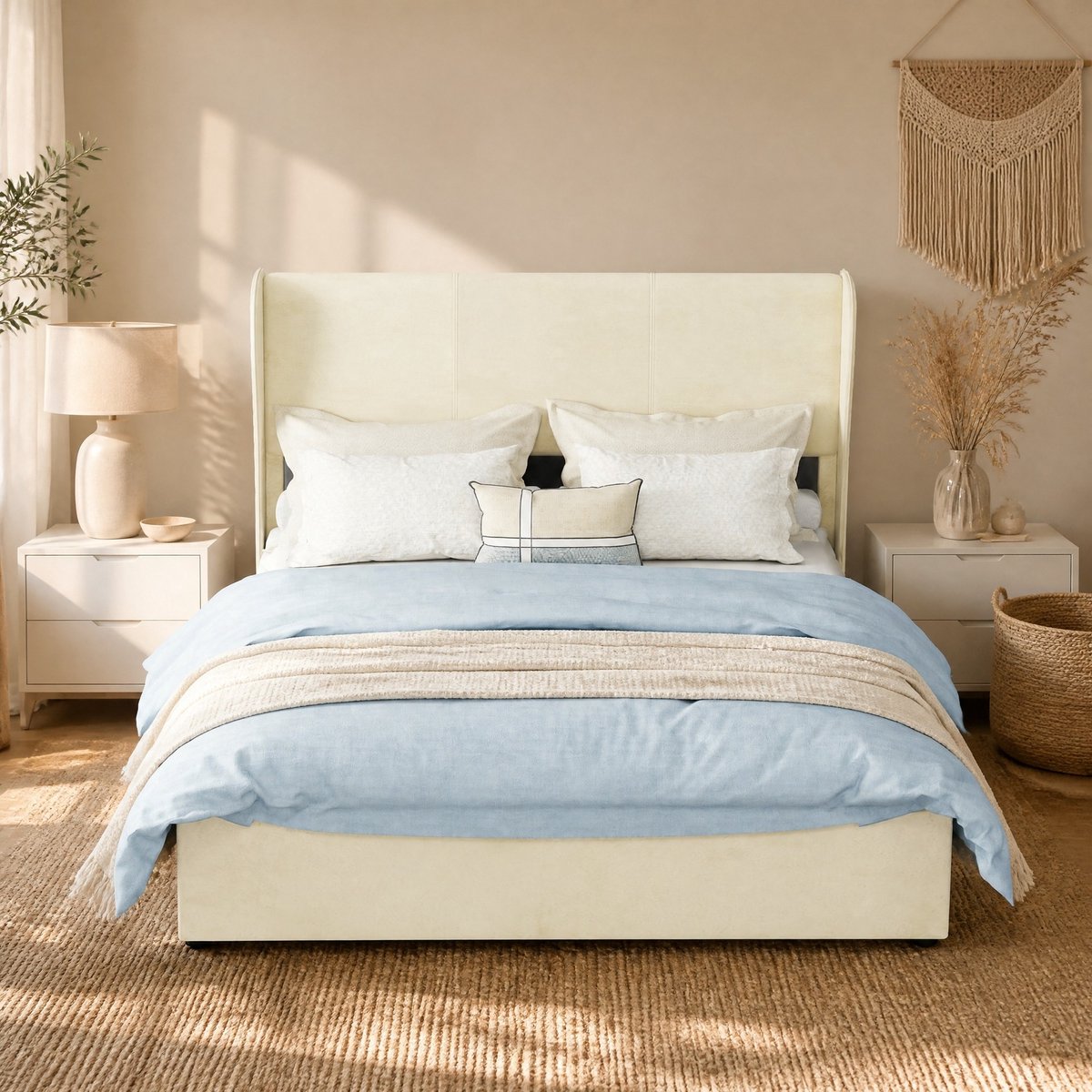 Wishdor Bedframe 140x200 cm - Gestoffeerd - Opbergruimte met gaslift - Modern minimalistisch - Beige - Stof en metaal - Voor volwassenen - Hoofdbord