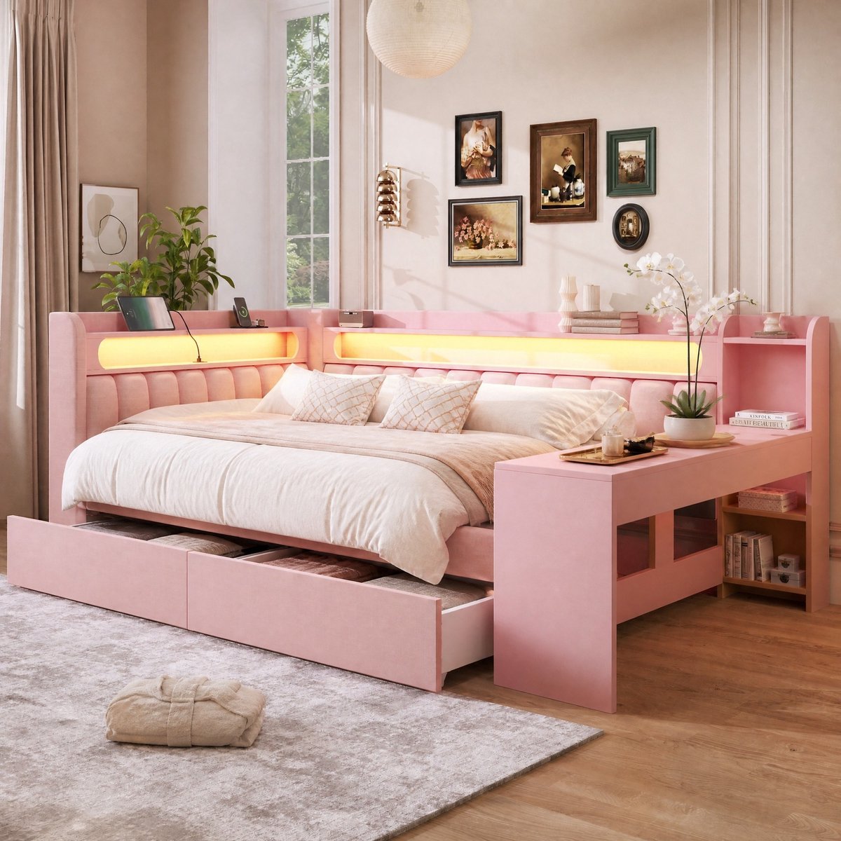 Wishdor Bedframe 140x200 cm - Bureau en 2 lades - Ledverlichting en usb - Roze gestoffeerd - Opbergruimte en lattenbodem - 242,5 x 152,5 x 93,5 cm