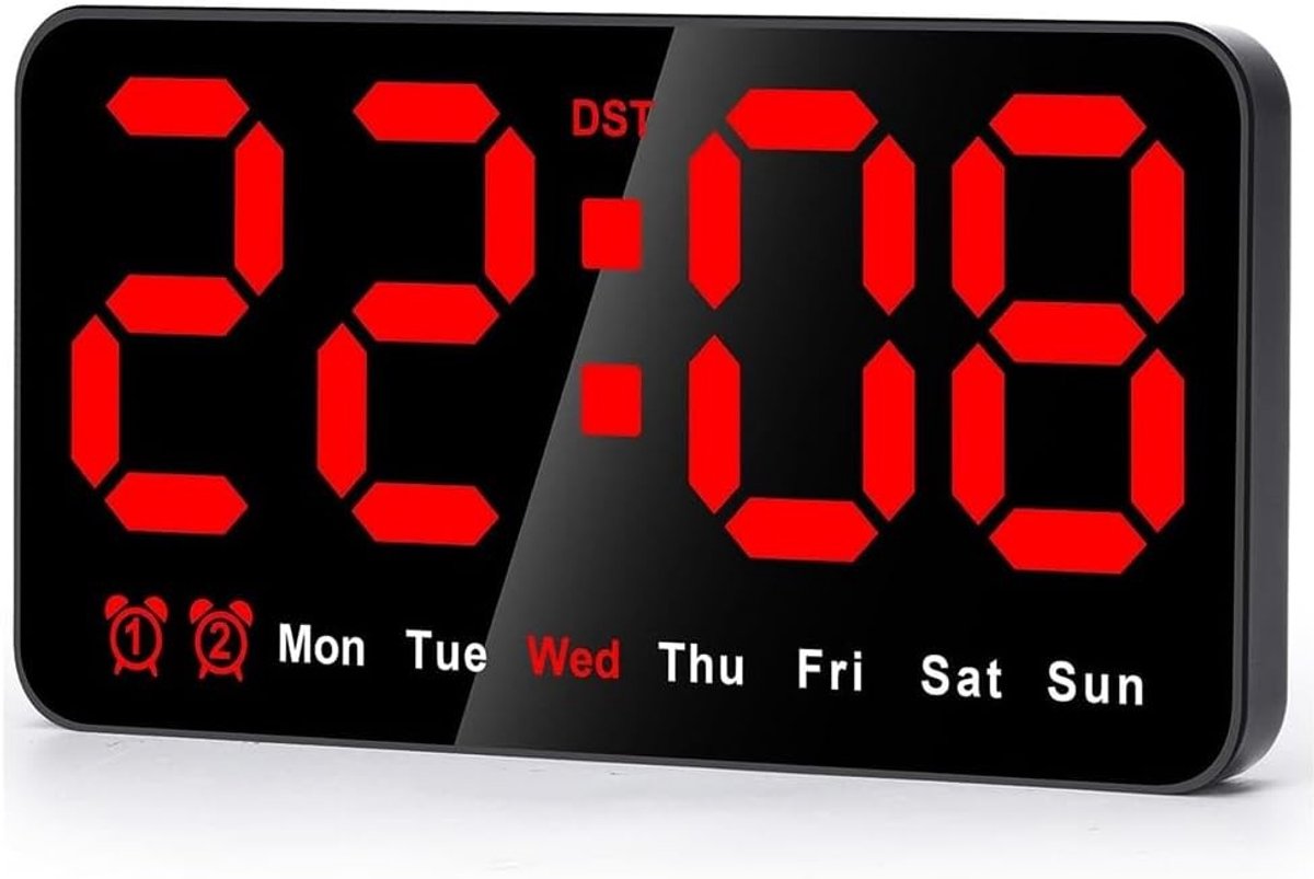 Digitale Wandklok - Rood - 21,5 x 3 x 11 cm - LED Klok met Grote Cijfers en 3-traps Helderheid - Voor Thuis en Kantoor