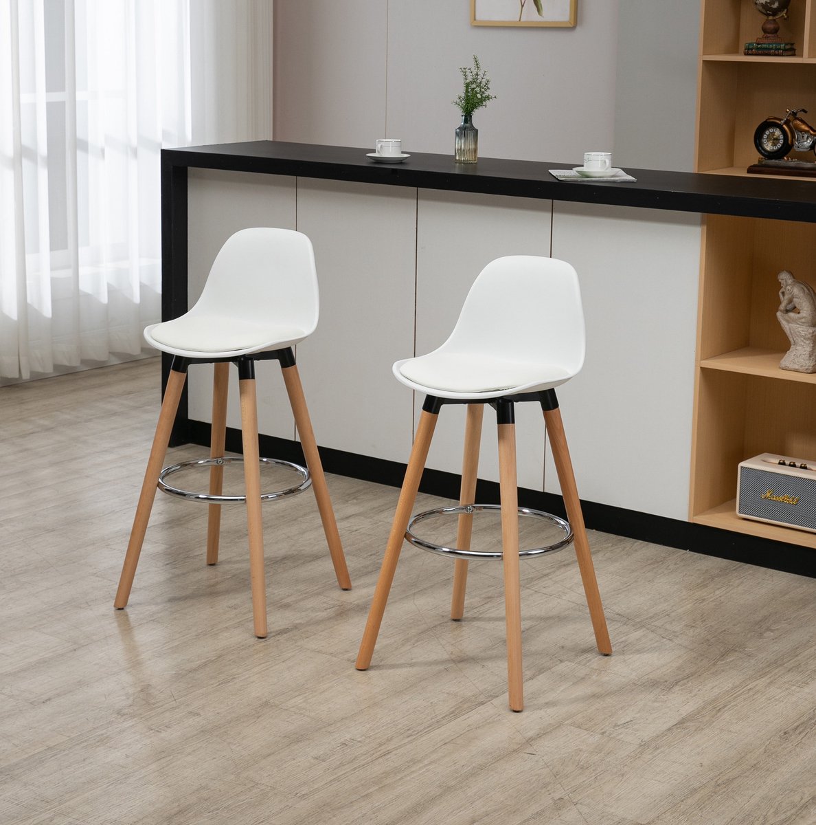 OKWISH Barkruk Set Van 2 – Met Rugleuning En Voetsteun – Voor Keuken, Eiland En Bar – Kunstleer En Hout – Wit
